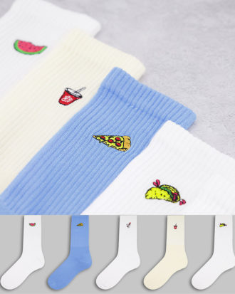 Topman - 5er-Pack hohe Socken mit Food-Stickereien am Umschlag in unterschiedlichen Farben-Mehrfarbig