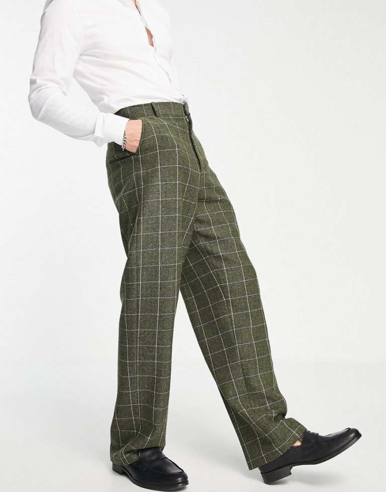 ASOS DESIGN - Groß karierte Hose aus Wollmischung in Grün mit hohem Bund und weitem Bein Grün