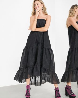 ASOS EDITION - Trägerloses Kleid mit abfallendem Saum in Schwarz