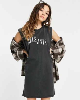 AllSaints - Coni - Ärmelloses T-Shirt-Kleid in Acid-Waschung-Schwarz