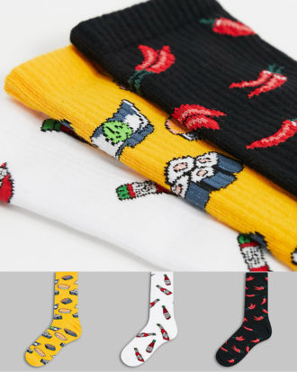 Bershka - 3er-Pack Socken mit Chili- und Sushi-Prints in Schwarz