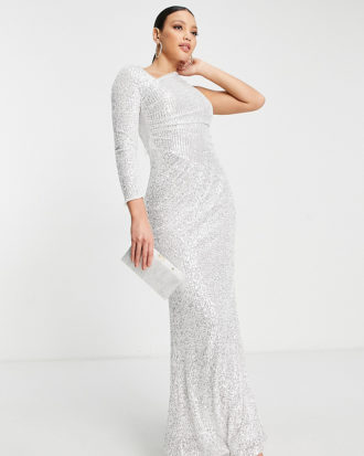 Jaded Rose Tall - Exklusives Midaxi-Kleid in Silber mit Paillettenbesatz und One-Shoulder-Ärmel