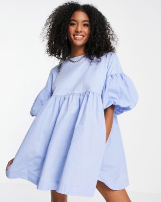 Mango - Hybrid-Kleid aus Popeline mit Puffärmeln in Babyblau