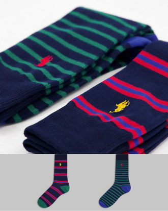 Polo Ralph Lauren - 2er-Pack Socken mit Polospielerlogo in Grün, Rosa, Marineblau gestreift-Bunt