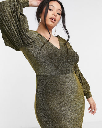 Simply Be - Bodycon-Kleid aus Glitzerstrick mit Ärmeln mit Falten in Gold