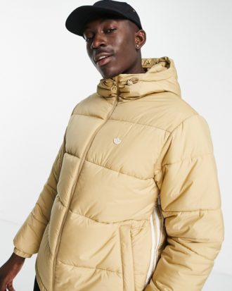 adidas Originals - Wattierter Mantel mit den 3 Streifen und Kapuze in Beige-Neutral