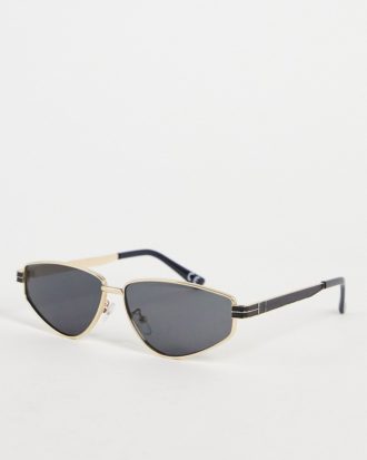 Topshop - Eckige Cat-Eye-Sonnenbrille aus Metall mit Brauensteg in Schwarz-Goldfarben