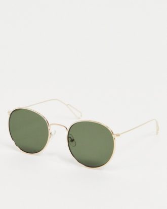 Weekday - Explore - Runde Sonnenbrille in Gold mit grünen Gläsern